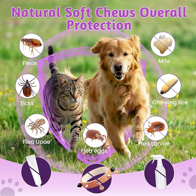 VUN Dog Flea and Tick Treatment Chewable,Natural Oral Flea Treatment for Cats,Relieve Itching& Biting,Flea Tick Prevention for Dogs Chews Supplement for Skin&Coat,All Breeds Sizes,100 Counts