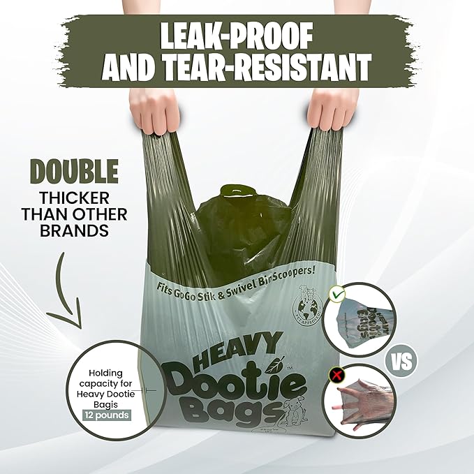 HEAVY Dootie Bags with EZ Tie Handles. Clean and Convenient for Pet Dog Poop, Cat Litter. Multi-Use. Great for Swivel Bin and Gogo Stik Scoopers. Made with Cornstarch. Strong, Leakproof and Very Large