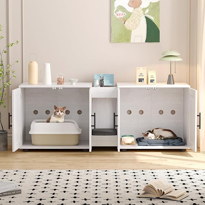 Garvee Cat Litter Box Enclosure for 2 Cats, 55" Hiddden Litter Box Enclosure Furniture 3-in-1 Wooden Litter Cabinet with Barn Door & Double Rooms for Bedroom Living Room,White