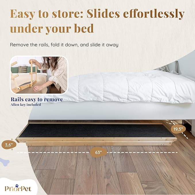 Dog Ramp for Bed with Safety Rails for High Beds up to 37" – Extra Wide 19.5" Adjustable Dog Bed Ramp for Large Dogs up to 200 lbs – Solid Birchwood, Non-Slip Rubber Surface, Foldable Design – Natural