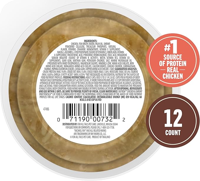 Nutrish Grain Free Wet Cat Food Chicken & Shrimp Pawttenesca Whole Health Blend with Real Shredded Chicken & Whole Shrimp in Sauce, 2.8 oz. Cup (Rachael Ray) (Pack of 12)