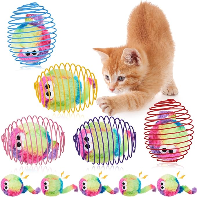 Jecery 5 Pcs Cat Spring Balls Toys Stretchable Rolling Balls Colorful Playful Coils Interactive Action Toy Caged Rats for Kitten Pet Supplies (Monster,Rainbow Color)