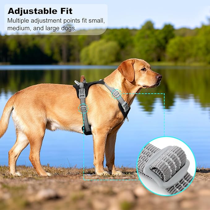 No Pull Dog Harness – Adjustable Reflective Nylon Vest for Small Medium Large Dogs, Escape Proof Training Harness with Leather Control Handle, Lightweight Aluminum Hardware (Black, XL)