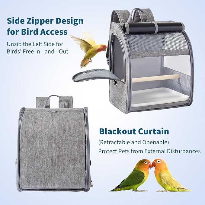 Bird Carrier Backpack,Breathable & Portable,Pet Travel Cage with Upgraded Tray and Standing Perches,Lightweight Foldable Birds Travel Cage for Hiking Camping,for Small Birds, Green Cheek