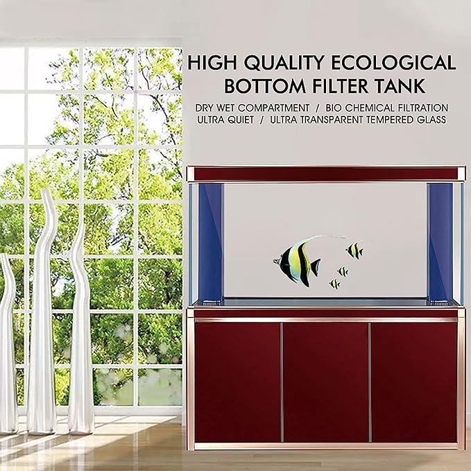170 Gallon Aquarium Fish Tank LED Light Pump Freshwater Filter Upright Fishtank Stand Bundle Straight Corners Ultra Clear Tempered Glass with Complete Aquarium Setup (Red with Gold Trim)