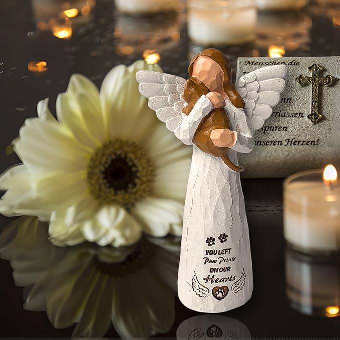 Brown Cat Memorial Angel Statue, Polyresin, Contemporary Religious Style, Tabletop, Handcrafted with Intricate Detailing, Pet Memorial Products, Sculpture