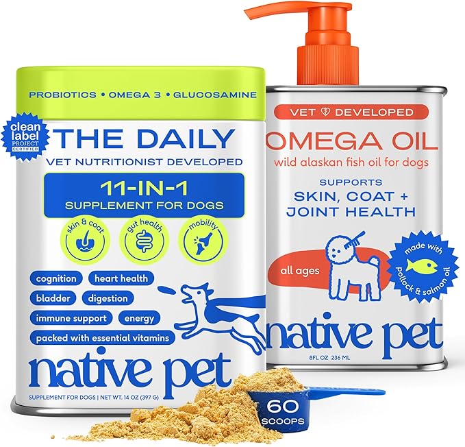 Native Pet Dog Vitamins & Supplements - 11-in-1 Vitamin Powder for Dog Food Topper (60 Scoops) & Omega 3 Fish Oil for Dogs & Cats - Promotes Healthy Skin, Shiny Coat, & Strong Joints (8 Oz)