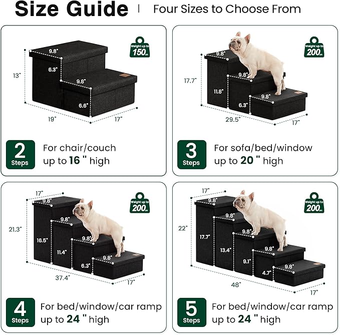 Love's cabin Dog Stairs for Small Medium or Large Dogs with Storage and Adjustable Steps, Foldable Cat Steps for Bed or Couch, 4-Step Black Folding Ramp with Zip up to 200 lbs, Black
