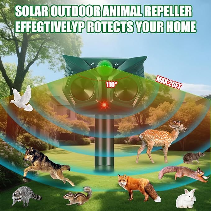 2 Pack Solar Ultrasonic Animal Repeller, Cat Repellent Outdoor with Motion Sensor, Ultrasonic Cat Repellent Deer Repeller Dog Deterrent for Garden Farm
