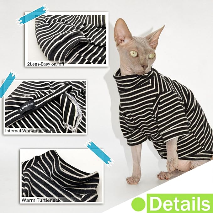 Sphynx Cat Sweater Hairless Cat Clothes Sweater Shirt Soft Warm Long Sleeves Pullover Pet Clothes Pajamas Dog Cloth for Small Dogs Jumpsuit Pet Sweaters (B&W Striped, X-Large)