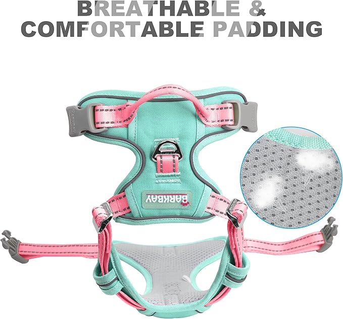 BARKBAY No Pull Dog Harness Front Clip Heavy Duty Reflective Easy Control Handle for Large Dog Walking(Cool Mint & Baby Pink,L)