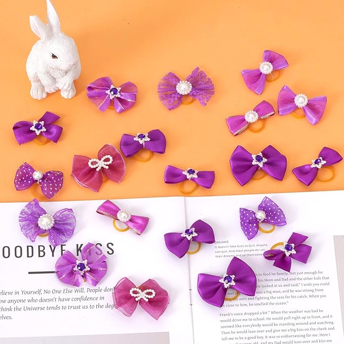 20 PCS Cute Dog Hair Bows with Rubber Bands Elastic Handmade Mix Style Lace Rhinestone Pearls for Furry Puppy Cat Pet Girl, Dark Purple
