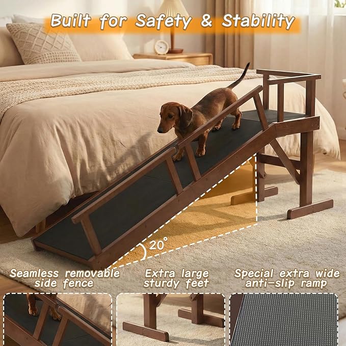 61" Dog Ramp for Bed,Birchwood Pet Ramp with Removable Side Rail and Non-Slip Surface, Pet Ramp for Small & Large Dogs with Rest Platform and DIY Glow Strips,Dog Stairs for Couch, Brown