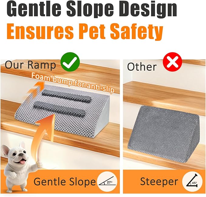 Dog Ramp for Stairs with Anti-Slip Bump for Small & Senior Dogs and Cats – Stair Wedges for Dogs with Gentle Slope, Pet Ramp with Washable Cover & Self-Sticky Pads for Safe Climbing (Gray, 2 Pack)