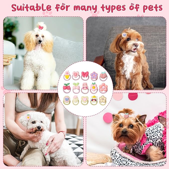 30 PCS Small Dog Hair Bows with Rubber Bands, Pink & Yellow, Cartoon Pattern, Decorative Accessories for Small & Medium Dogs, Puppy, 10+ lbs, All Seasons, Lightweight & Durable