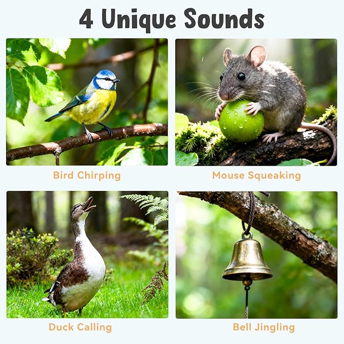 Cat Toys Flapping Bird, Catnip Toys for Indoor Cats Interactive Automatic Kitten Toy Kicker - Baby Plush/Feather/Crinkle, Rechargeable 4 Sounds/Off, Timed & Touch Activated, Clip & Hanging Rope