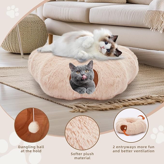 Cat Tunnels for Indoor Cats, Cute Donut Turnel Toys for Small Large Cats with Washable Circle Cushion，3-in-1 Foldable Playground & Cozy Cave Bed for, Kittens Puppy Rabbits