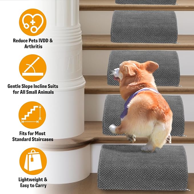 5-Piece Foam Dog Ramp for Indoor Stairs, 40D Dense Non-Slip Pet Ladder with Sticky Pads, Easy Access Solution for Steep Staircase, Small Dogs Cats, Grey