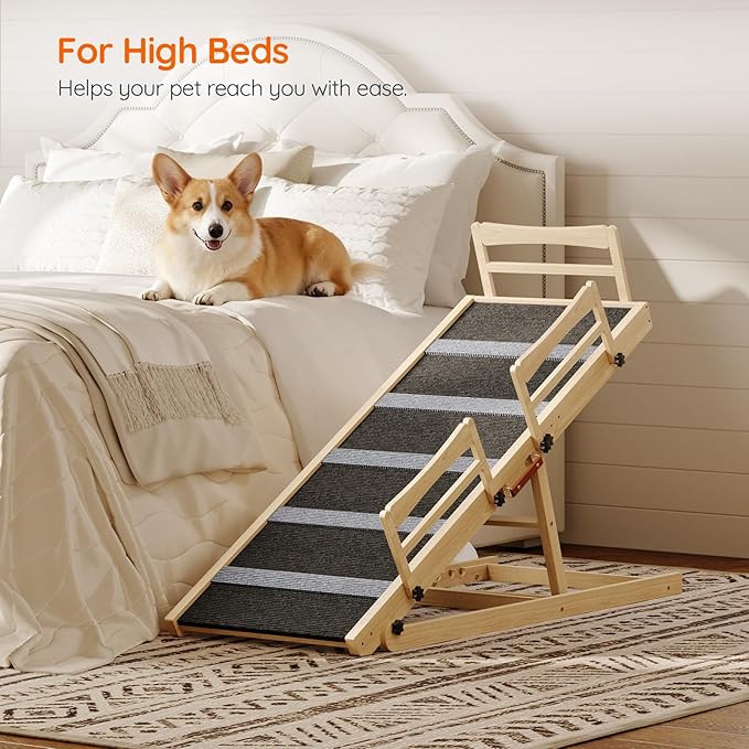 HOOBRO Dog Ramp for Bed, 47.2" Long Foldable Pet Ramp with Non-Slip Mat and Side Rails, Wooden Dog Ramp for High Beds, Couch and Car, 5 Height Adjustable from 15.6" to 25.2", Natural, NB42PT03