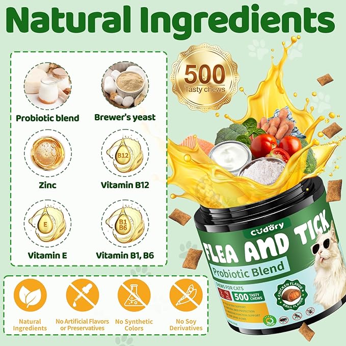 Flea and Tick Prevention for Cats, 500 Cat Flea Treatment with Probiotics Chewables, Crunchy & Creamy Treats Natural Oral Flea Supplement with Skin & Coat, Digestive Support - Chicken, Krill Flavor