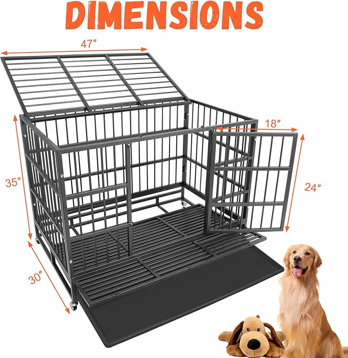 47 Inch Heavy Duty Dog Crates, Dog Kennel for Meduim Dogs, Indestructible Dog Crate with Double Door and Removable Tray Pan (47" L X 30" W X 35" H)