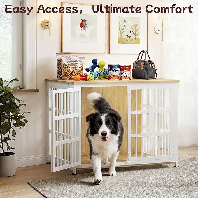 42'' Dog Crate Furniture Large Breed Dog Crate Dog Kennels for Inside Wooden Dog Crates End Table Heavy Duty Indoor Combination Cage for Medium to Large Dogs Oak