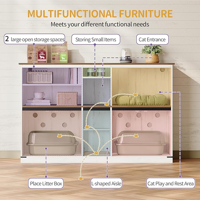 Double Cat Litter Box Enclosure for 2 Cats, Cat Cabinet with Large Storage Space, Hidden Litter Box with Scratch Pad, Farmhouse Cats House, TV Stand End Table, Rustic Brown and White CB97014X