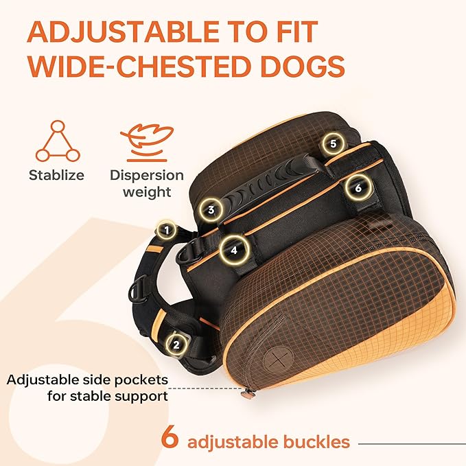 Dog Backpack for Medium & Large Dogs, Detachable Side Bags, Quick-Poop Bag Dispenser | No-Pull Adjustable Harness for Large-Chested Breeds | Non-Slip Handle for Hiking, Walking, Outdoor Adventures（M）