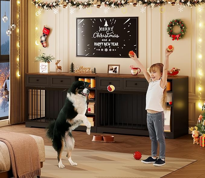 GAOMON 47 Inch Large Dog Crate, Dog Kennel Indoor with 2 Drawers and 4 Shelves, Dog Crate Furniture TV Stand, Wooden Dog Cage for Medium Large Dogs, Decorative Pet House, Black