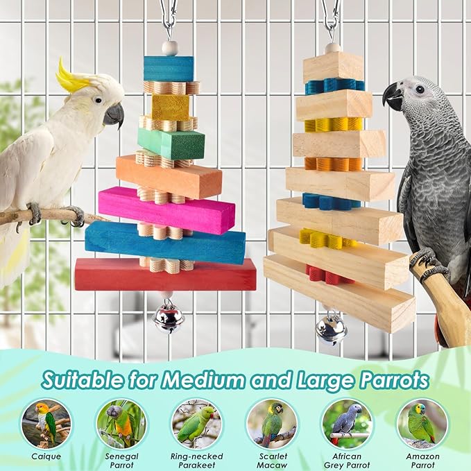 2 Pcs Bird Toys for Parrots, Colorful Natural Large Parrot Toy Hanging Chew Wood Block with Bell for Medium to Large Cockatiels, Eclectus, African Greys, Amazon, Cockatoo