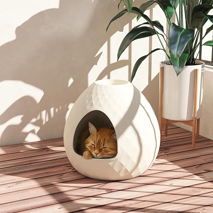VIXZEN Cat Litter Box Enclosure - Hidden Litter Box with Removable Planter Top, Egg-Shaped Resin Design, Tool-Free Quick Assembly, Spacious Interior, Ideal for Indoor Use (White)