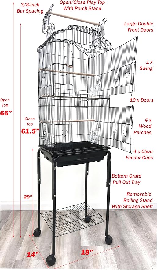 66-Inch Open/Close Play Perch Stand Top Flight Bird Side Nest Doors Cage for Cockatiel Quaker Parrot Sun Parakeet Green Cheek Conures Finches with Removable Rolling Stand