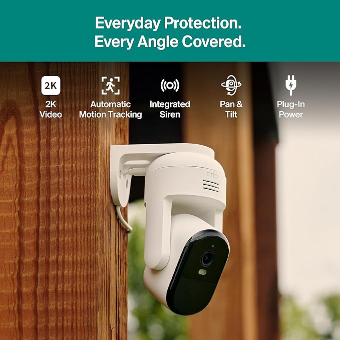 Arlo Essential Pan Tilt Security Camera 2K - Wired Plug-in Power Outdoor Camera, Person Recognition, Package Detection, Animated Preview, 1-Month Trial of Secure Plan, Auto Motion Tracking, 2 Cam