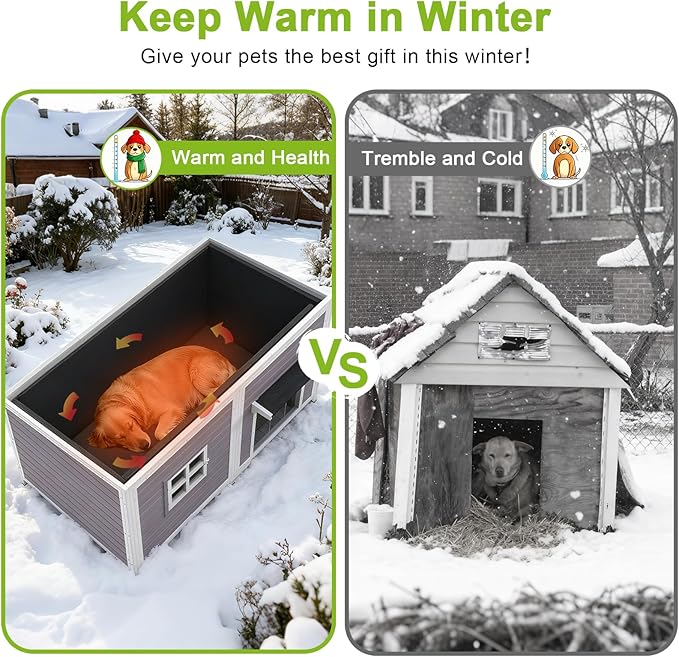 59" Outdoor Dog House with Insulated Liner, Extra Large Breed Dog Kennel, Keep Warm in Winter Outside, Easy to Install Heated Anti-Chewing Metal Frame Design for Small Medium Large Dogs