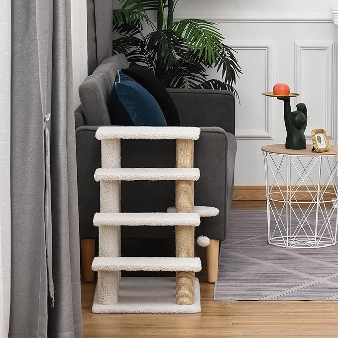 PawHut 4 Levels Cat Steps, Pet Stairs Carpeted Ladder, Kitten Tree Climber with Scratching Posts, Hanging Play Ball, Side Step, for High Bed, Sofa, White