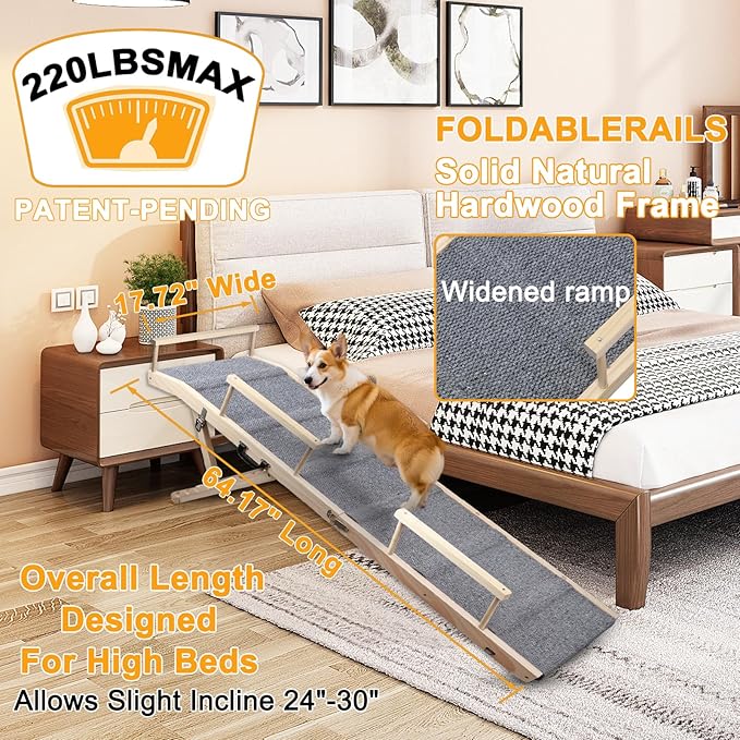 Dog Ramp for Bed, Couch & Car – Adjustable Foldable Pet Ramp, 64.17" Long, 17.72" Wide, Non-Slip Surface with Safety Rails, 8 Heights 20.08"-28.35", Supports 220 lbs, Solid Wood (Gray, 17.72)