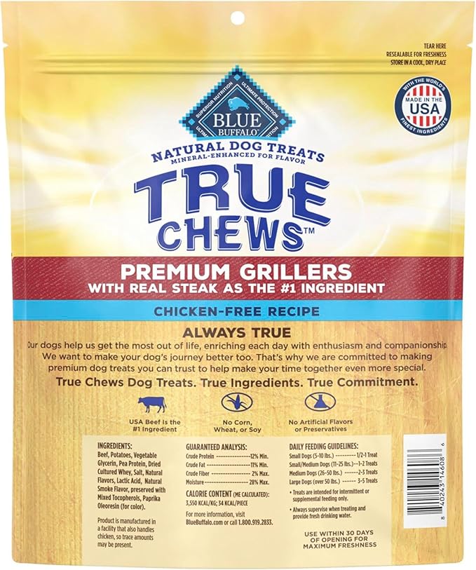 Blue Buffalo True Chews Premium Grillers Dog Treats, Made in the USA with Natural Ingredients, Steak, 30-oz. Bag
