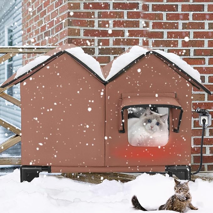Large Heated Cat House for Outside in Winter, Elevated Waterproof Cat House for Outdoor Cats with Heating Pad, Insulated Heated Outdoor Cat House Weatherproof for Stray Cats Small Dogs (Brown)