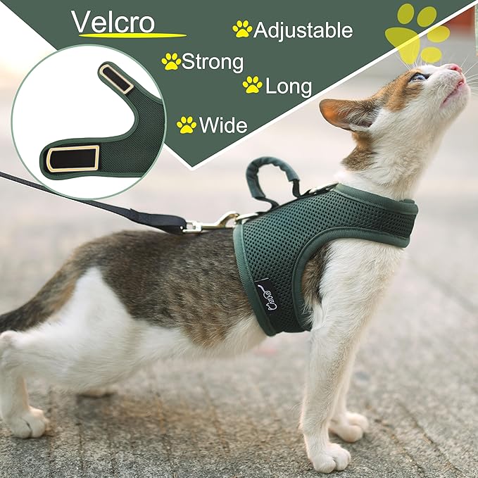 Kitty Harness and Leash for Walking Escape Proof Breathable Mesh Fabric, Solid Green, Small, Adjustable Cat Walking Jackets with Handle, Padded Stylish Cat Vest