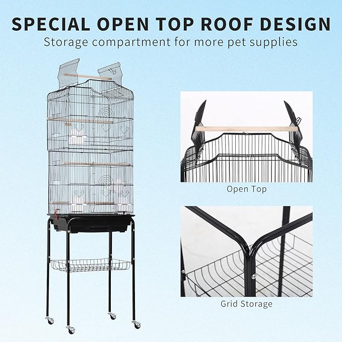 HCY Open Top Standing Bird Cage 64 Inch with Rolling Stand for Parakeets Cockatiel Parrots Lovebirds Medium Small Bird Cage-Black, L18 * W14 * H62 inches