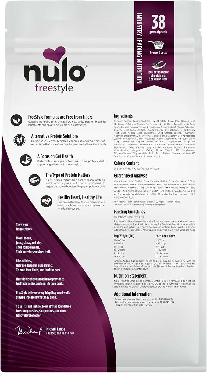 Nulo FreeStyle Small Breed Dog Food Dry - Salmon & Lentils, Puppy & Adult Grain Free Dog Food, Natural, High Protein, Smaller Sized Kibble with BC30 Probiotic for Healthy Digestion Support, 6lb