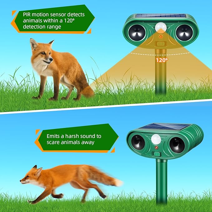 2026 Solar Animal Repellent Outdoor&Cat Repellent Outdoor with Motion Deer Repellent Devices Ultrasonic Cat Deterrent Fox Raccoon Squirrel Rabbit Coyote Deterrent for Farm Orchard Garden 4 PCS
