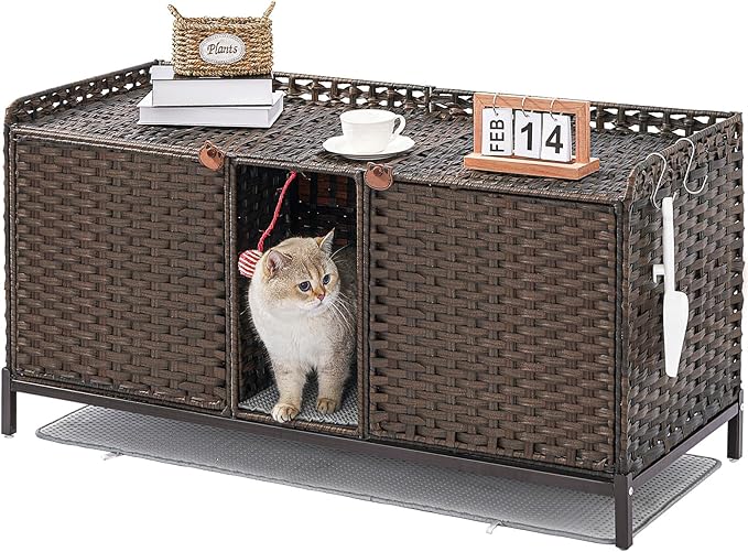 Cat Litter Box Enclosure for 2 Cats, Hidden Litter Box Furniture with Mat, Large Rattan Cat House with Double Room and Door, 47.3 L x 19.7 W x 24 H, 2 S-Shaped Hooks for Living Room Brown
