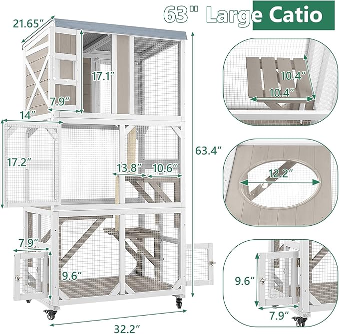 Catio Outdoor Cat Enclosure with Wheels & Weatherproof Roof, Large 63" Window Catio with 3 Platforms, Acrylic Dome, Portable Kitty House for Indoor Cats