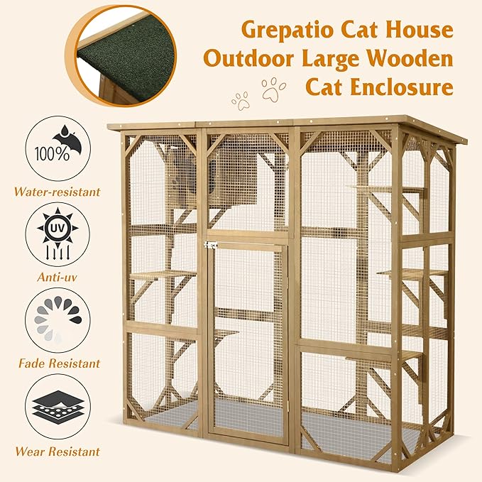 Grepatio Cat Enclosure Large Outdoor Catio Wooden Cat House with Weatherproof, Cat Cage Condo Indoor Playpen with Platform and Small House (Natural)