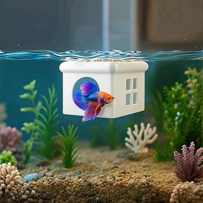 White Floating Betta Fish Hideout with Window – 3D Aquarium Shelter & Breeding Box – Surface Feeding Platform & Cave Rest Spot – Compact Fish Tank Decor (3.67"x2.87"x2.16")