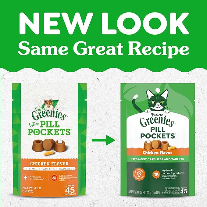 Greenies Feline Pill Pockets for Cats Natural Soft Cat Treats, Chicken Flavor, 1.6 oz. Pouch (45 Treats)