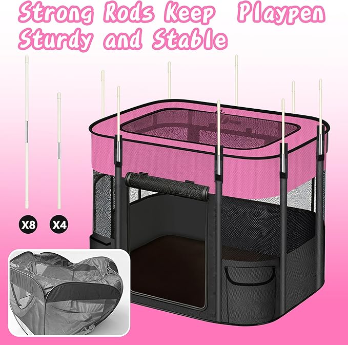 Portable Cat Playpen with Separate Areas, 2-in-1 Puppy Playpen & Cats Cage, Foldable Pet Tent for Indoor and Outdoor Use, Collapsible Tent Kennel Cage House(35.4"x27.6"x27.6" Pink & Black)
