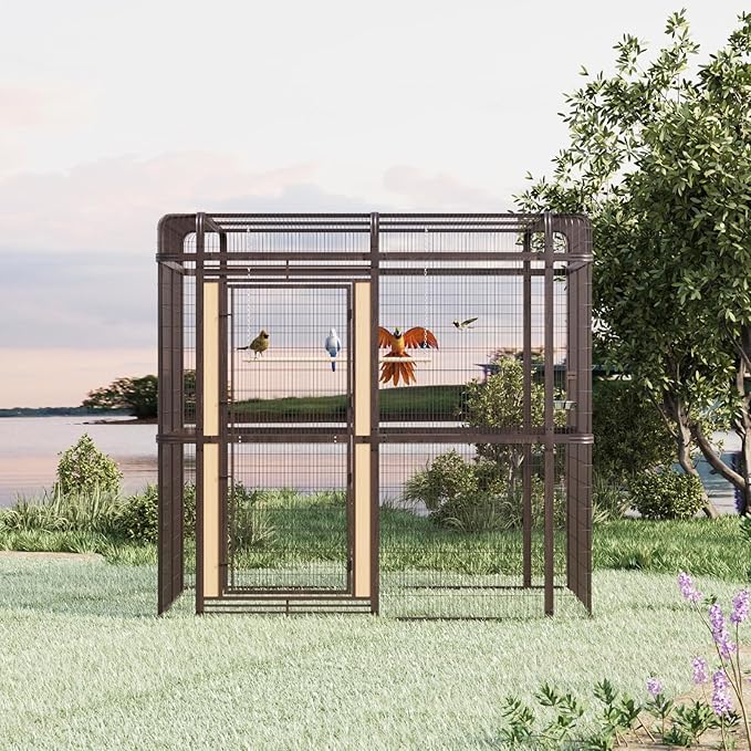 87-inch Outdoor Large Walk-in Cage Heavy Duty Bird Cage Carbon Crystal Board Aviary Parrot Cage Wide Flight Metal Birdcage for Macaw Budgie Conure Lovebird Parakeet Cockatiel, 7.22x5.25x6.8ft, Brown