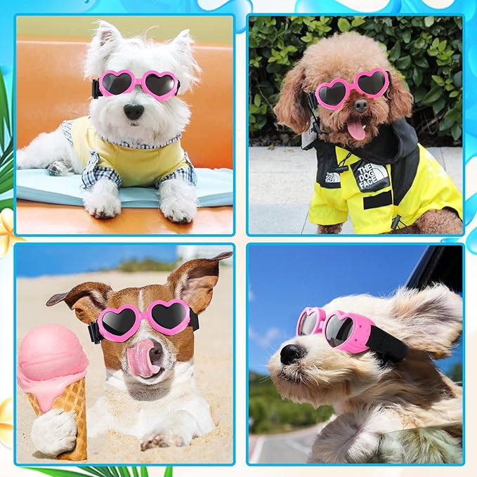 Small Breed Dog Sunglasses, UV Protection with Adjustable Strap, Heart-Shaped Goggles for Waterproof, Windproof, Anti-Fog Eye Protection, Beach Accessories (Pink)